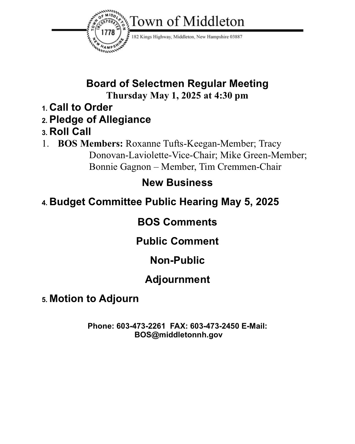 Join your Middleton Board of Selectmen for their Meeting today, Thursday, May 1st, at 4:30 PM. On the agenda: discussion on the upcoming Budget Committee Public Hearing (May 5th), BOS comments, and public comment. We encourage community participation! 