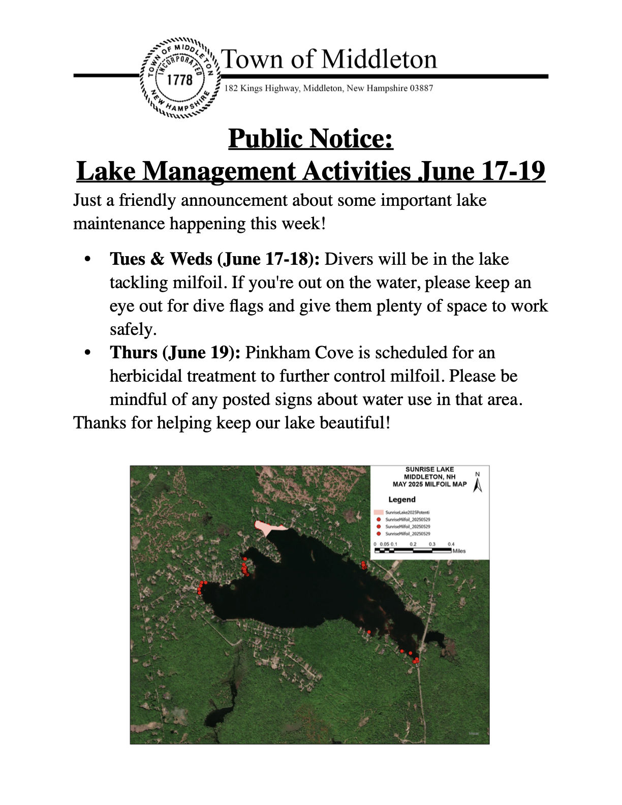 Just a friendly announcement about some important lake maintenance happening this week! Tues & Weds (June 17-18): Divers will be in the lake tackling milfoil. If you're out on the water, please keep an eye out for dive flags and give them plenty of space to work safely. Thurs (June 19): Pinkham Cove is scheduled for an herbicidal treatment to further control milfoil. Please be mindful of any posted signs about water use in that area. Thanks for helping keep our lake beautiful!