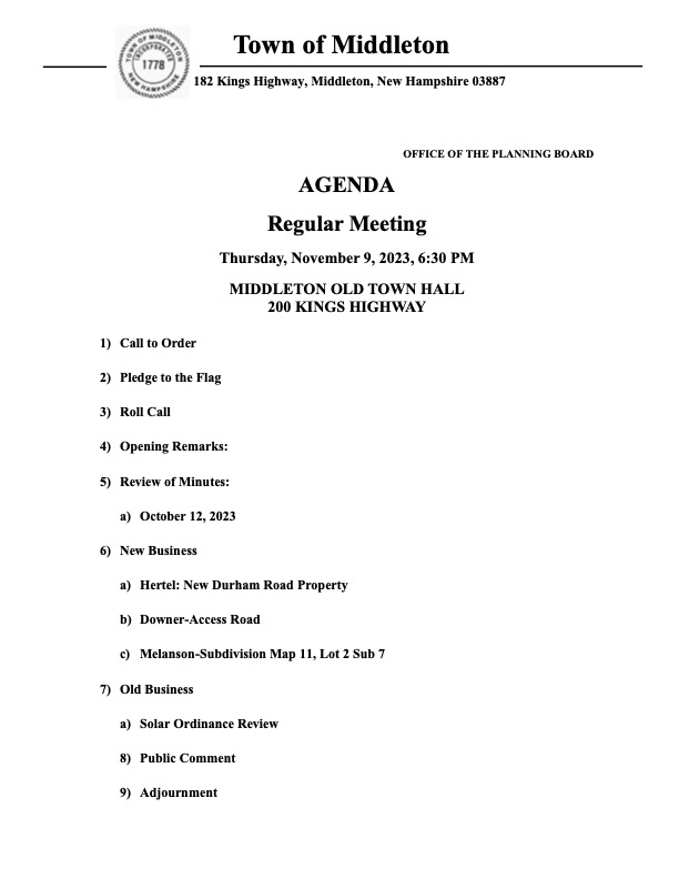 Planning Board Regular Meeting Thursday, November 9, 2023, 6:30 PM