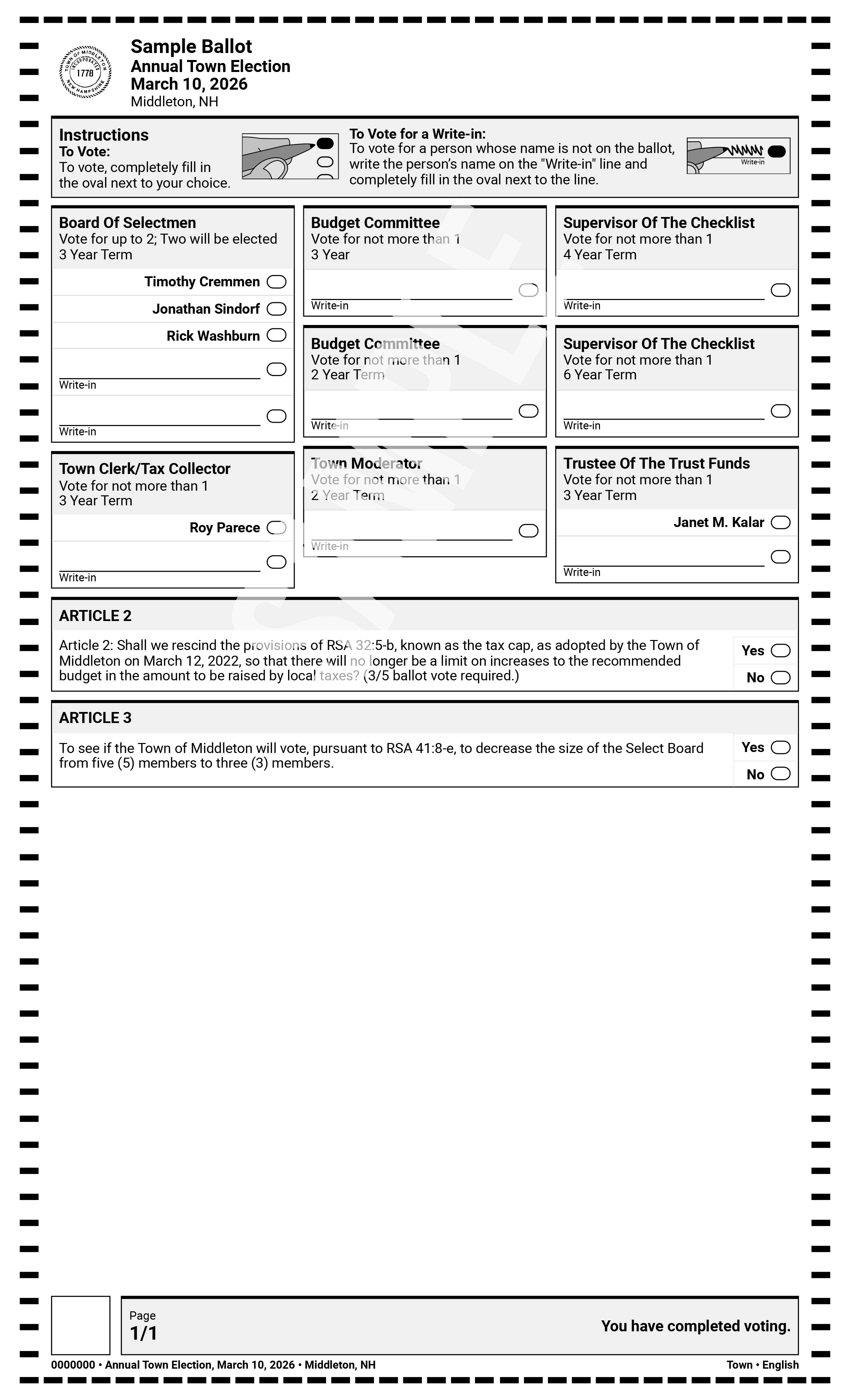 Town sample ballot