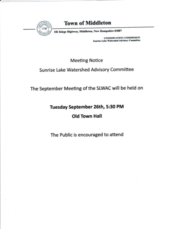 The September Meeting of the SLWAC will be held on Tuesday September 26th, 5:30 PM Old Town Hall