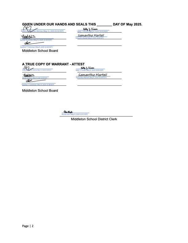 When: Wednesday, June 25, 2025 (7:00 AM – 7:00 PM)  Where: Middleton Elementary School What: Cast your official vote on Article I. Come to the deliberative session on May 27th to get informed and participate in the discussion before the vote in June!